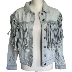 ONE TEASPOON‎ Florence Fringed Denim Jacket Cotton Western Tassel Light Blue XS